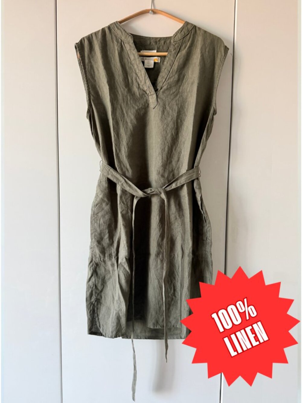 C&C California Olive Green Linen Belted Shift Dress V-Neck Pockets Women's S